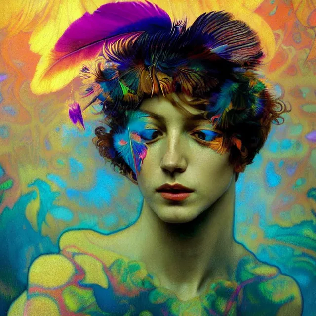 Image similar to face of young psychedelic transcendent feather mind bending psychedelic wings of glossy liquid honey flowing like kaleidoscopic translucent holograph, lsd feathers, feathery fluff, enlightenment, high contrast dappled lighting, refracted sunset, highly detailed, concept art, art by collier, albert aublet, krenz cushart, artem demura, alphonse mucha