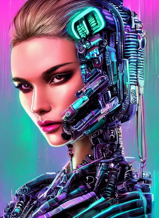 Prompt: beautiful young woman, extremely detailed gorgeous face, sad eyes, tears, cyberpunk, cybernetic, cyborg, sexy body and face, vaporwave aesthetic, synthwave, bladerunner background, colorful, psychedelic, intricate, elegant, highly detailed, digital painting, artstation, concept art, smooth, sharp focus, illustration, art by artgerm and greg rutkowski and alphonse mucha