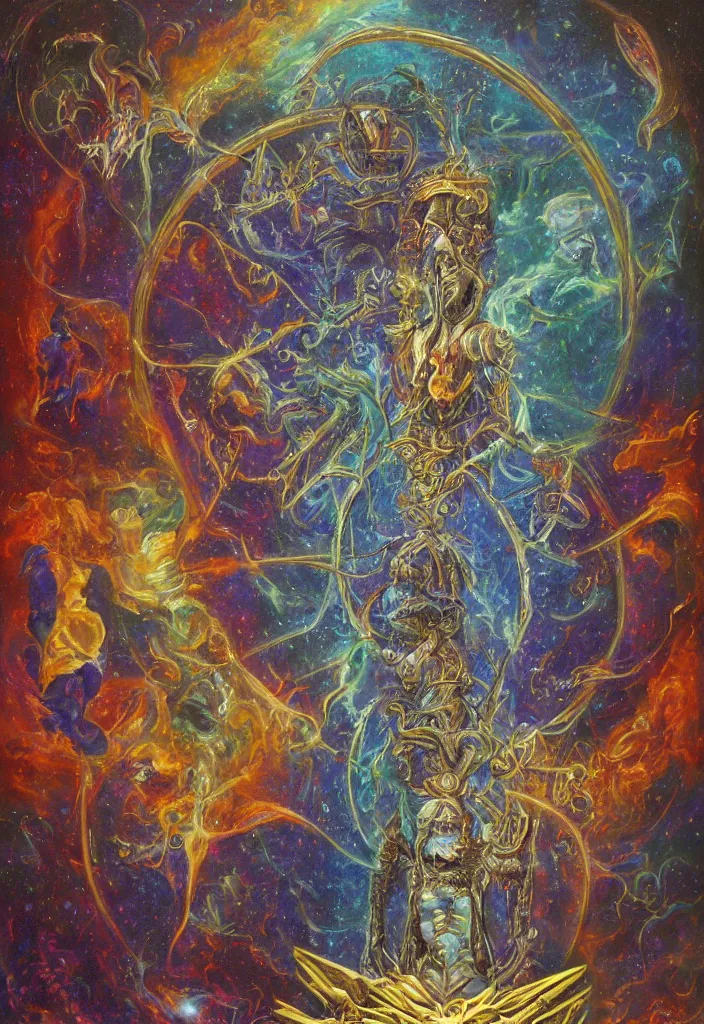 Image similar to terrible throne of the gnostic lunar mythos, award winning oil painting, iridescent color palette