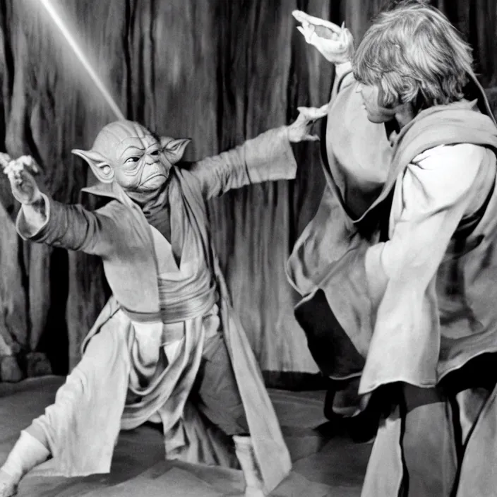 Prompt: a hyperdetailed studio photo of master yoda dancing with luke skywalker