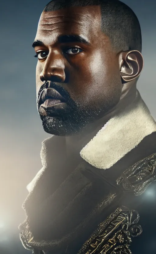 Image similar to Portrait of Kanye West as Emperor Napoleon in Skyrim, splash art, movie still, cinematic lighting, dramatic, octane render, long lens, shallow depth of field, bokeh, anamorphic lens flare, 8k, hyper detailed, 35mm film grain