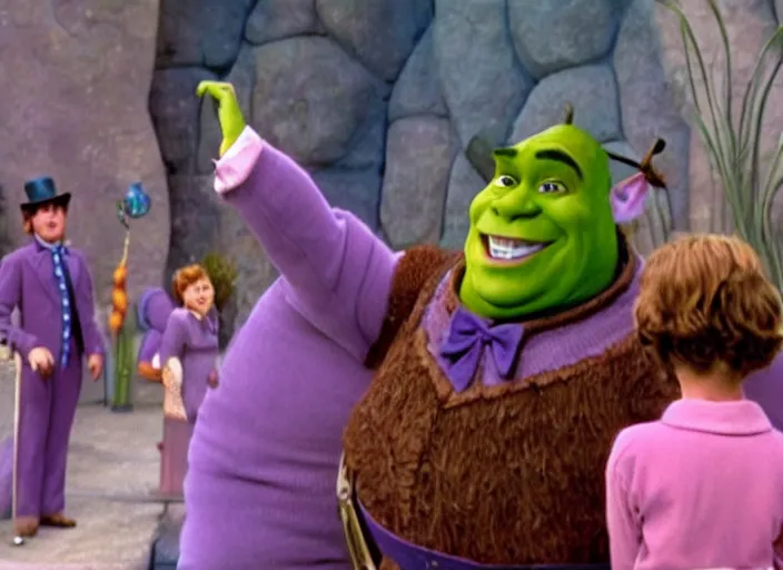 Prompt: film still of Shrek in Willy Wonka's and the Chocolate Factory 1971