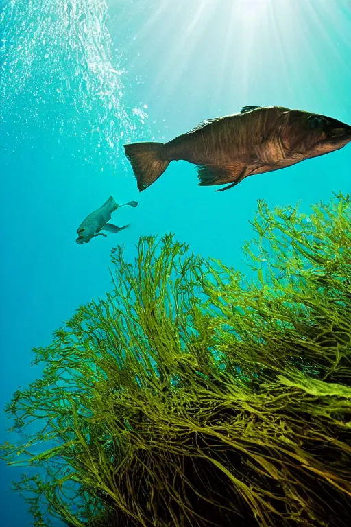 Image similar to beautiful photo of a cod swimming amongst kelp underwater in clear water with rays of sunshine