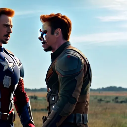 Prompt: film of chris evans as steve rogers and robert downey jr as tony stark arguing in avengers endgame