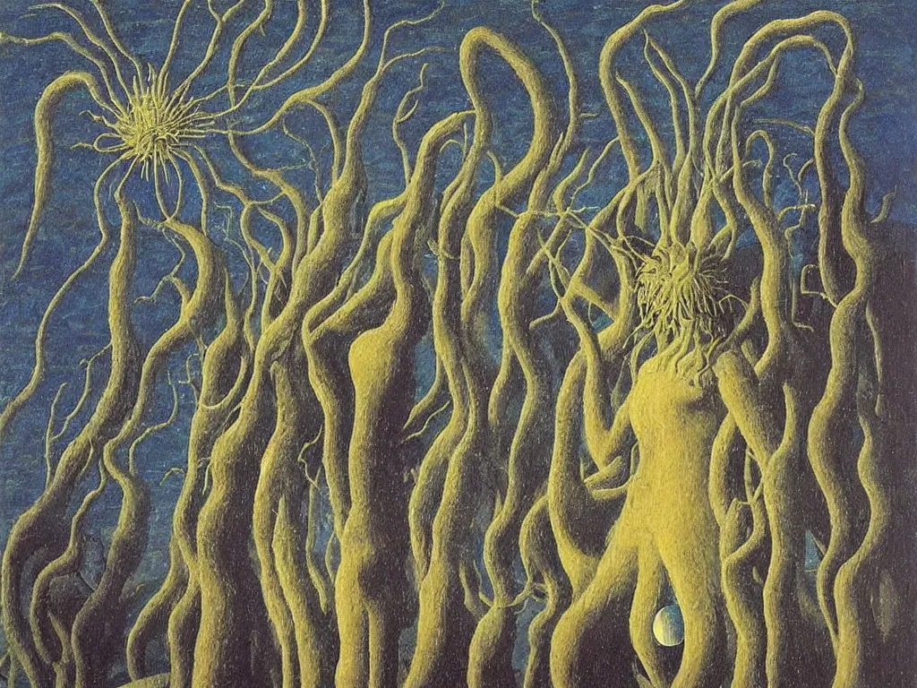 Prompt: Glowing Dandelion seed storm, African god mask rock, windswept, deserted brutalist metropolis, acid rains, giant leeches. The sacred trembling waters. Painting by Rene Magritte, Jean Delville, Max Ernst, Maria Sybilla Merian
