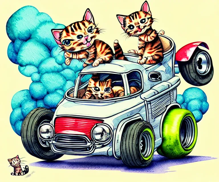 Image similar to cute and funny, kitten wearing a helmet riding in a tiny hot rod with an oversized engine, ratfink style by ed roth, centered award winning watercolor pen illustration, isometric illustration by chihiro iwasaki, edited by range murata, tiny details by artgerm and watercolor girl, symmetrically isometrically centered, sharply focused