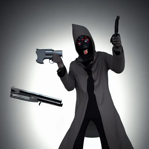 Prompt: masked villain with a dark cloak and a light grey jumpsuit holding a big iron revolver and turning his head at a 3 0 degree angle ( highly detailed, photo - realistic, hyperrealistic, flashing lights, greatly illustrated, uhd, 4 k render image )