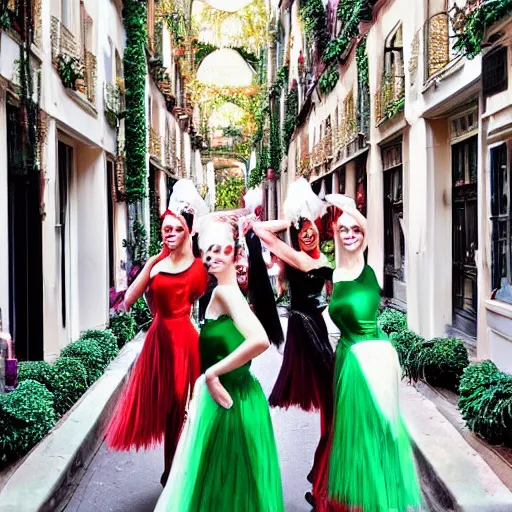 Prompt: The leafy streets ripple with the sound of ballerinas cackling. They splurge from the gilded doorways, all dressed in white and black and crimson. Their faces are painted like jewels: red-hot rubies for their mouths, green emeralds for their eyes, blue sapphires for their cheeks.