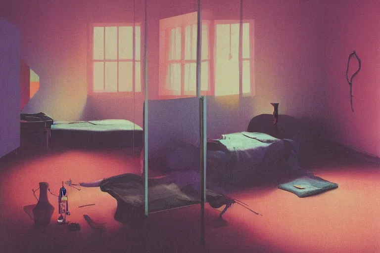 Image similar to IKEA catalogue photo, vaporwave teenage bedroom by Beksiński