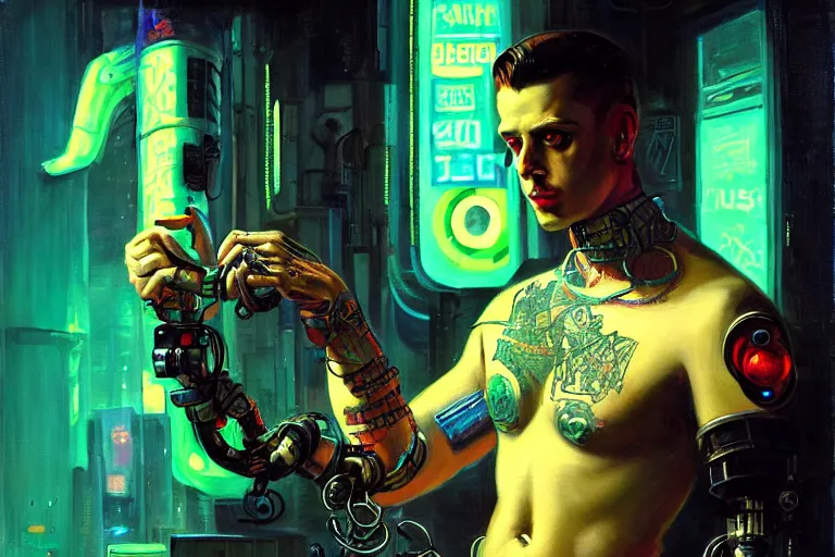 Prompt: cyberpunk style, attractive male with tattoo, robotic arm, neon lights, cool tint, painting by gaston bussiere, craig mullins, j. c. leyendecker, tom of finland