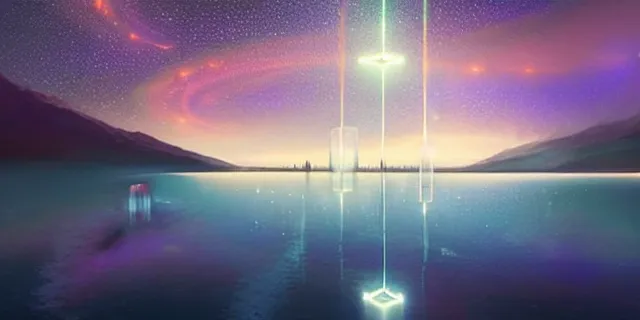 Prompt: beautiful multiple glowing cubes all interconnected to each other with tubes, atmospheric lighting, intricate, volumetric lighting, beautiful, sharp focus, ultra detailed, in the art style of bowater charlie, brom gerald, lake baikal in the background, astrophotography