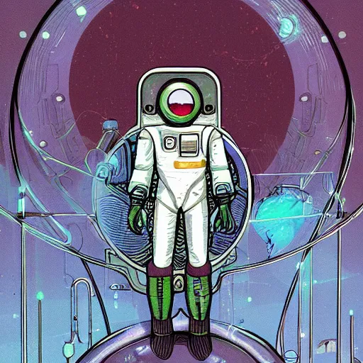 Prompt: a portrait of pilot android symbiotic in spacesuit on field forrest spaceship station landing laying lake artillery outer worlds in FANTASTIC PLANET La planète sauvage animation by René Laloux