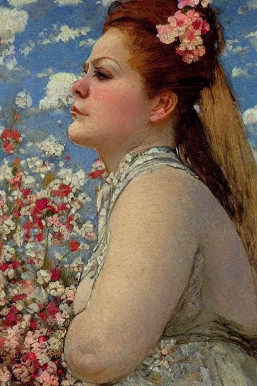 Image similar to close - up fashion fat woman portrait airy flowers cloudy sky art by vasnetsov