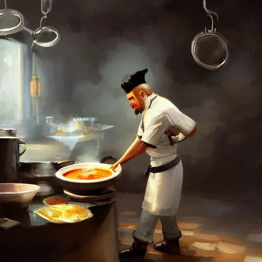 Prompt: A chef with a big mustache proundly making a soup, digital painting, artstation, concept art, Craig Mullins,