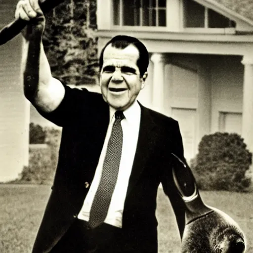 Prompt: Richard Nixon hitting a seal with a club, photojournalism, cover of life magazine