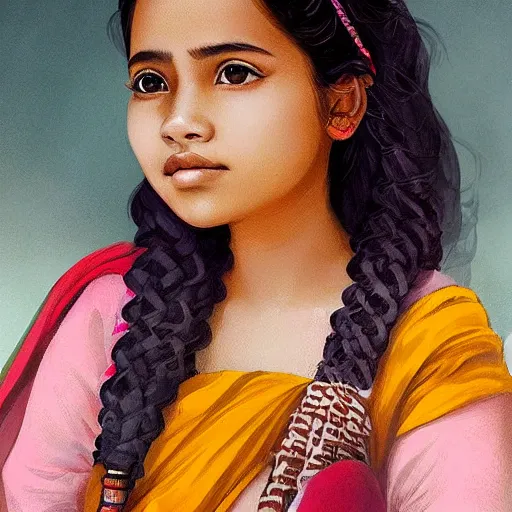 Prompt: Portrait of a beautiful teen Assamese girl, cute face, wearing biihu mekhela sador, by charlie bowater