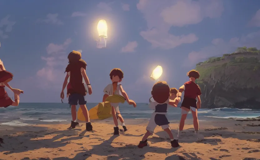 Prompt: a film still kids fighting next to the light house, beach, farol da barra, medium shot, waist up, studio Ghibli, Pixar and Disney animation, sharp, Rendered in Unreal Engine 5, anime key art by Greg Rutkowski, Bloom, dramatic lighting