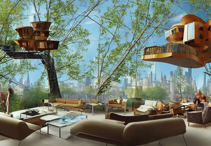 Image similar to a high resolution rendering of a mid century modern treehouse floating above new york city designed by frank gehry