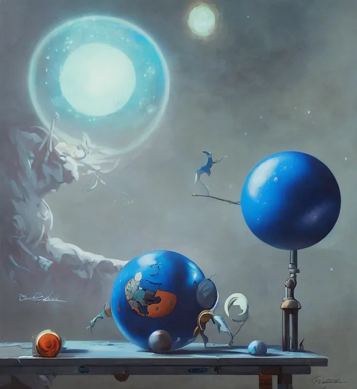 Prompt: a blue ball on a table, artwork by Peter Mohrbacher and Dan Mumford