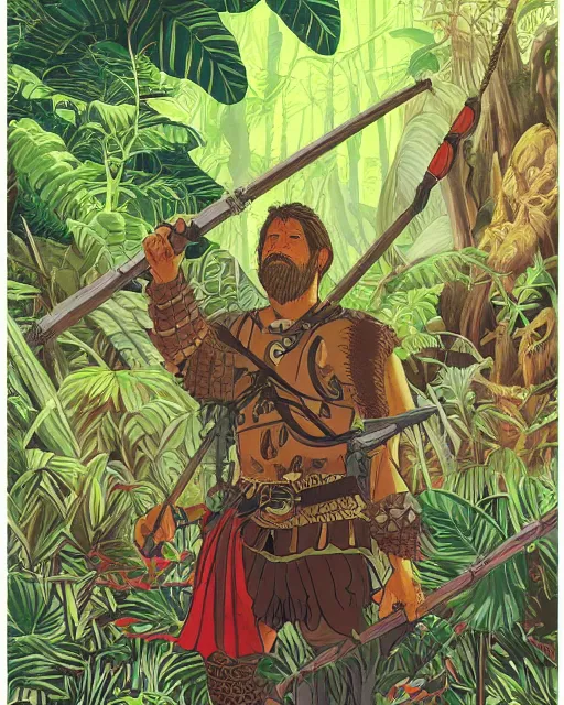 Prompt: portrait of barbaric spanish conquistador in a dense jungle, symmetrical, by yoichi hatakenaka, studio ghibli and dan mumford