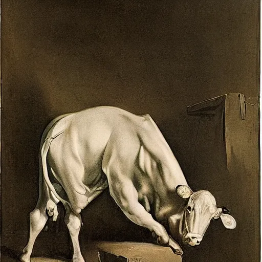 Image similar to A performance art. A rip in spacetime. Did this device in her hand open a portal to another dimension or reality?! cow print by Théodore Géricault unified