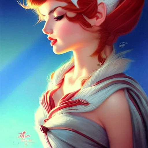 Prompt: head and shoulders portrait of Ahri of League of Legends illustration, medium shot, intricate, elegant, highly detailed, digital art, ffffound, art by gil elvgren and sachin teng