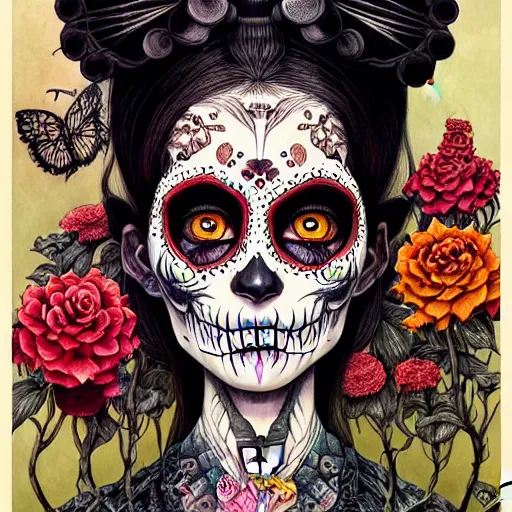 Image similar to beautiful portrait painted in jacek yerka and aykut aydogdu style drawn by vania zouravliov and takato yamamoto, inspired by dia de los muertos, intricate acrylic gouache painting, high detail, sharp high detail, artstation, manga and anime