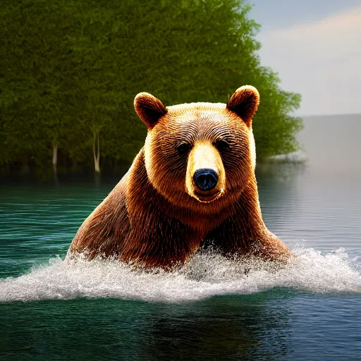 Prompt: A realistic photo of a bear swimming in the lake, detailed body, realistic light, detailed shaders, 8K resolution