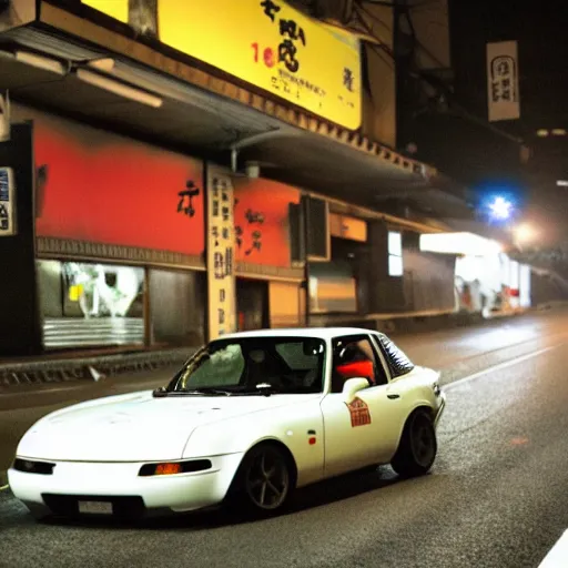 Prompt: A gorilla drifting at night in the streets of japan with a white mazda miata 1990