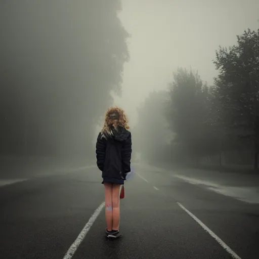 Image similar to photo of a real-life girl in a creepy foggy town