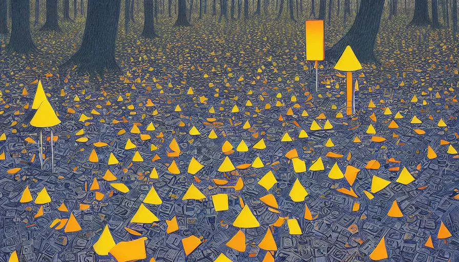 Prompt: safety cones scattered around an oak tree forest, checkered floor, by james jean by ilya kuvshinov kintsugi, hyper detailed surrealist painting