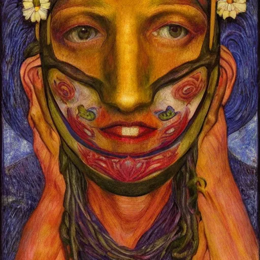 Prompt: facemask made of flowers, by annie swynnerton and jean delville and edward hopper and evelyn de morgan and rufino tamayo, dark flower shaman, art brut, outsider art, symbolist, dramatic lighting, god rays, elaborate geometric ornament, clean crisp graphics, smooth sharp focus, extremely detailed, adolf wolfli