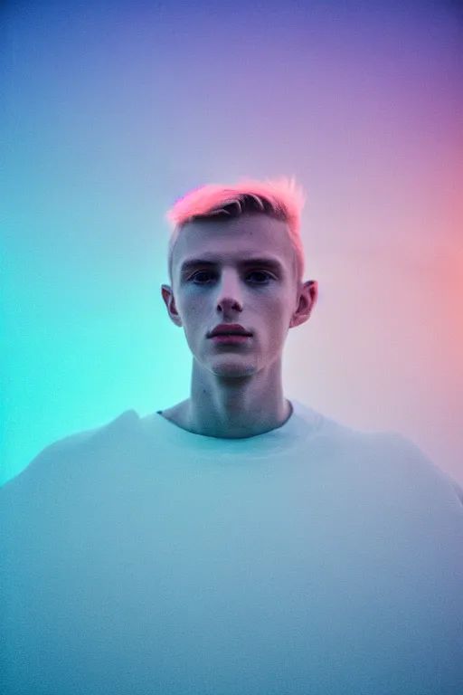 Image similar to high quality pastel coloured film mid angle selfie photograph of a beautiful young man, soft features, standing in an icelandic black rock environment. atmospheric. three point light. photographic. art directed. ( pastel colours ). volumetric light. stark. waves glitch. 8 k. filmic.