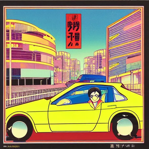 Prompt: album - cover of a 1 9 8 0 s japanese city - pop record featuring an anime illustration by leiji matsumoto. cute stylish woman ; sports car ; neon ; urban summer drive.