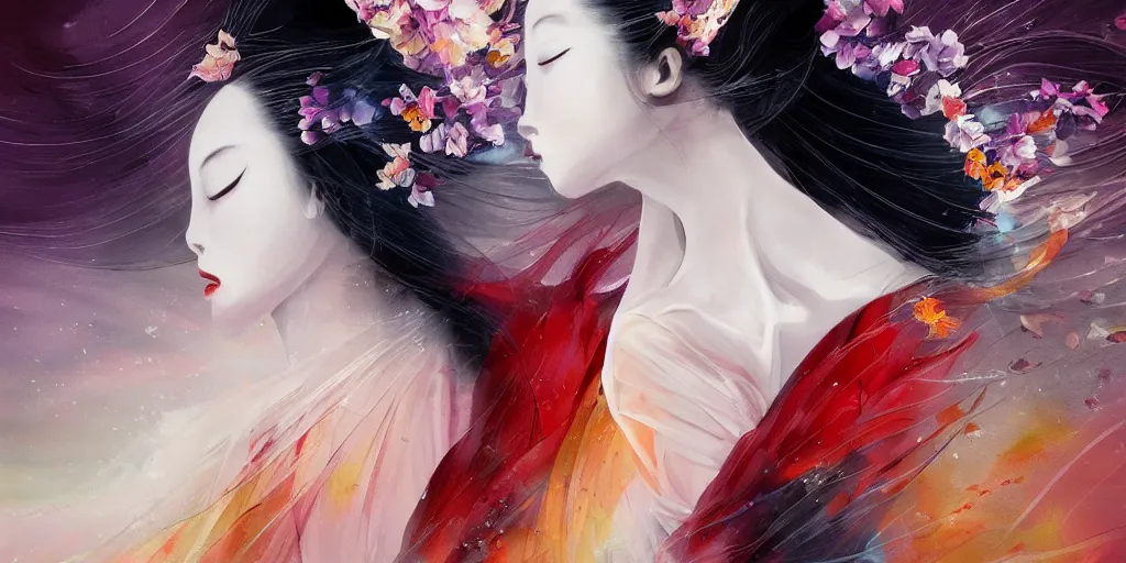 Image similar to Beautiful ethereal geisha prima ballerina dancing in the wind, volumetric lighting, elegant, fluid, highly detailed oil painting, digital painting, concept art, smooth, sharp focus, illustration, strong lines and bold colors, limited color palette, atmosphere and tension, Japanese,manga, trending on artstation