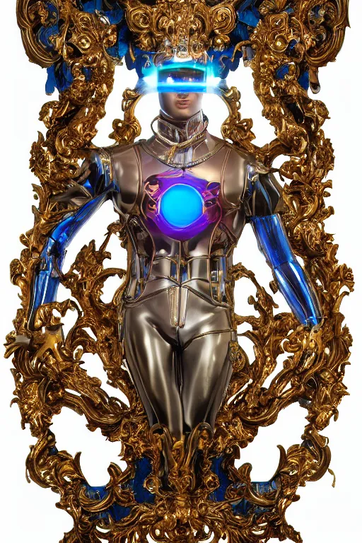 Image similar to full-body sculpture of a young handsome Colombiano prince as a half cibernetic android with a glowing blue battery in his chest, white laser beam coming out of his eyes, crown of giant diamonds, flowing neon-colored silk, fabric, raptors, in a cyperbunk and baroque style. baroque elements. full-length view. baroque element. intricate artwork by caravaggio. many many birds birds on background. Trending on artstation, octane render, cinematic lighting from the right, hyper realism, octane render, 8k, depth of field, 3D