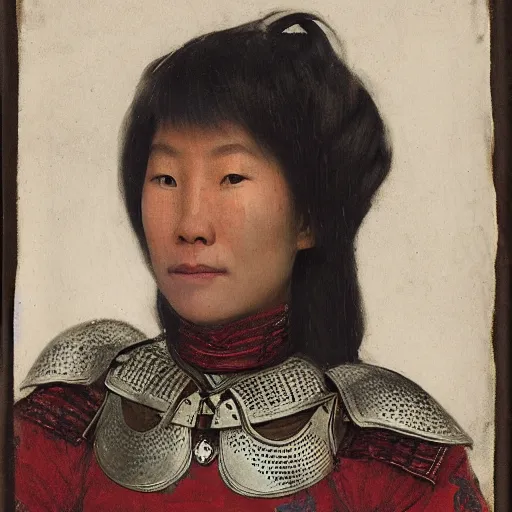 Prompt: head and shoulders portrait of a female knight, mongolian!, lorica segmentata, cuirass, tonalist, symbolist, realistic, ambrotype, baroque, detailed, modeled lighting, vignetting, indigo and venetian red, angular, smiling, eagle