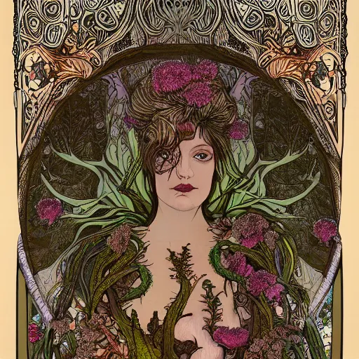 Image similar to a beautiful detailed front view portrait of a rotten woman corpse with fractal plants and fractal flowers and mushrooms growing around, symmetrical, ornate, ornamentation, illustration, in the style of art nouveau, mucha