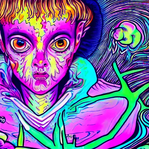 Image similar to a psychedelic young godlike humanoid, hyper detailed, in the style of rutkowski and junji ito and bob ross and lisa frank, selfie