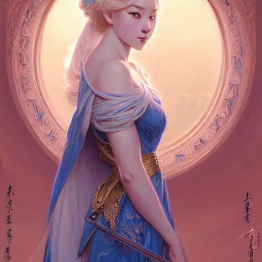 Image similar to elegant Chinese princess, D&D, blue eyes, blonde hair, fantasy, intricate, elegant, highly detailed, digital painting, artstation, concept art, smooth, sharp focus, illustration, art by artgerm and greg rutkowski and alphonse mucha