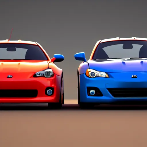 Image similar to An Evo 10 car and a BRZ car kissing each other, Pixar Cars movie style, 3D render, beautiful lighting, the cars have faces, extremely detailed, HDR, 4K, 8K, the lips of the cars are touching, the cars have Disney Pixar faces, kids movie, cute