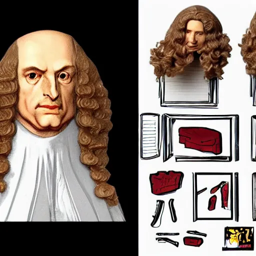 Prompt: 1 7 th century gottfried leibnitz wearing a wig stop motion vinyl action figure, plastic, toy, butcher billy style