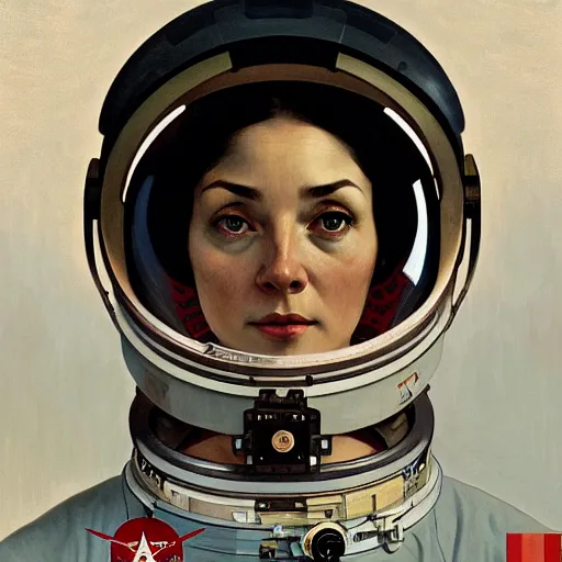 Prompt: socialist realism propaganda poster portrait of and astronaut woman, socialist realism, highly detailed, intricate, digital painting, artstation, sharp focus, illustration, art by jakub rozalski, greg rutkowski, artgerm, tan zi and ayanamikodon and alphonse mucha and wlop