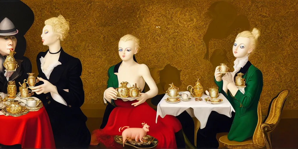 Image similar to a blonde and a mallard and a pig having tea at the ritz, abstract oil painting by gottfried helnwein pablo amaringo raqib shaw zeiss lens sharp focus high contrast chiaroscuro gold complex intricate bejeweled