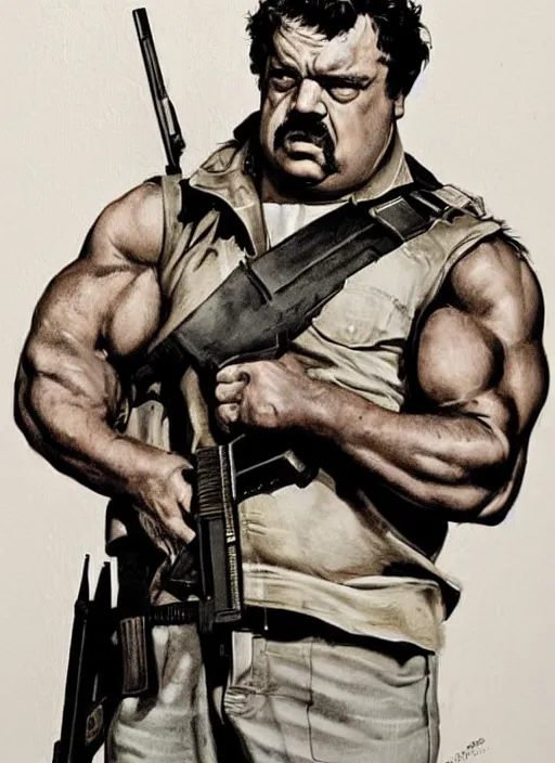 Image similar to gk chesterton as a buff action hero with muscles and a shotgun. portrait by james gurney. realistic face. awesome action movie poster art.
