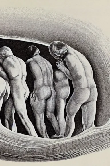 Image similar to A vintage scientific illustration from the 1970s of humans forming caves with their bodies