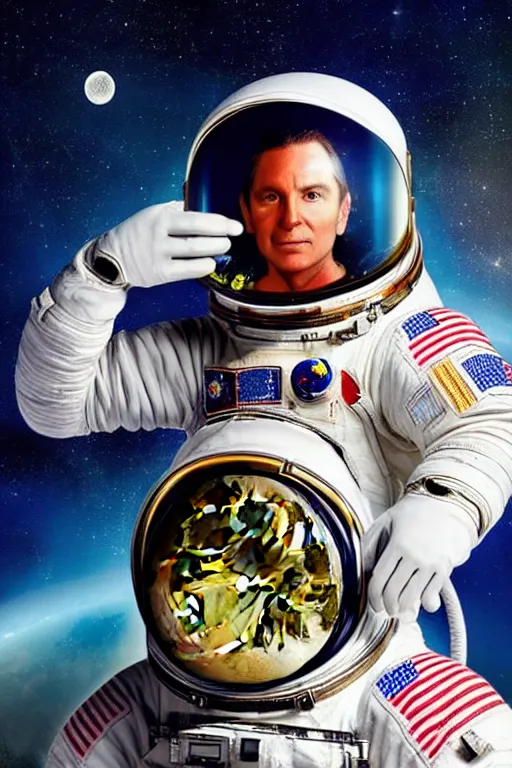 Image similar to extremely detailed portrait of space astronaut, wearing gloves, holds iphone, iphone visible, iphone in hand, reflection of the moon in visor, alien looking over shoulder from behind, extreme close shot, dramatic backlight, award winning photo by david lachapelle