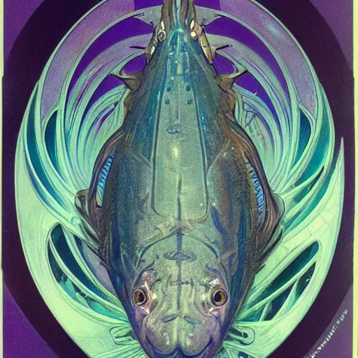 Image similar to a single fantasy deep sea fish that is heavily armored it has disproportionately huge wide spined pectoral fins on its head 6 large black eyes it's skin and fins have complex markings it is swimming in a purple deep landscape with jagged rocks by alphonse mucha and brian froud