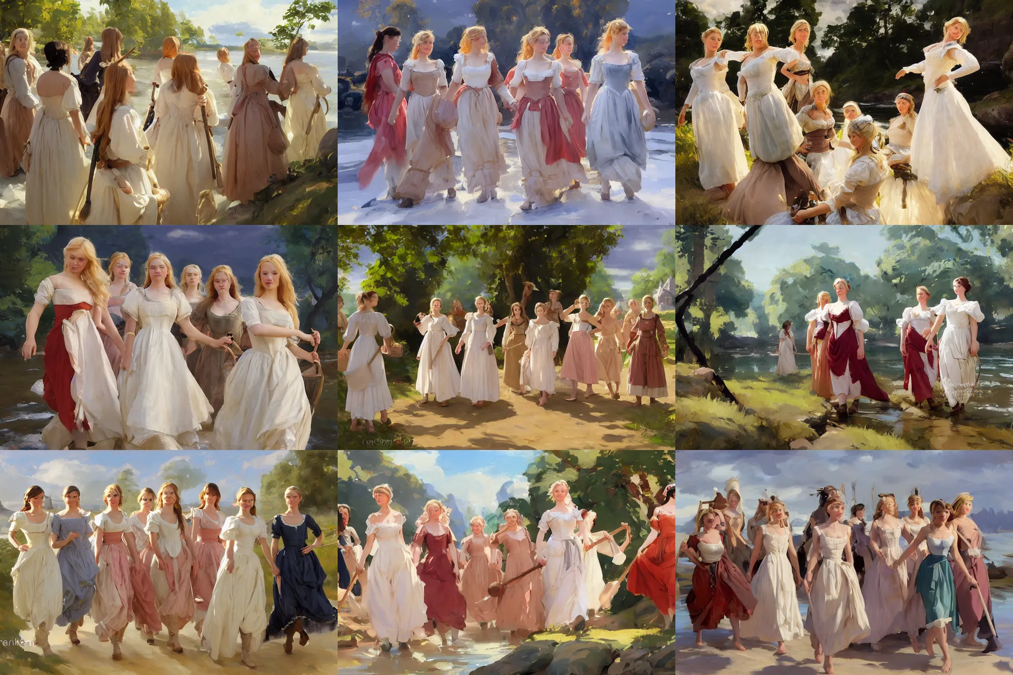 Prompt: group of finnish norwegian swedish scandinavian attractive glamour models wearing as village maidens in 1 7 th century bodice with low neckline walking across a river in a sunny day, jodhpurs greg manchess painting by sargent and leyendecker, studio ghibli fantasy medium shot asymmetrical intricate elegant matte painting illustration hearthstone, by greg rutkowski by greg tocchini by james gilleard