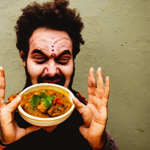 Image similar to photo of a man with three eyes ecstatically eating a bowl of indian frog curry. third eye forehead weeping with joy, hands raised